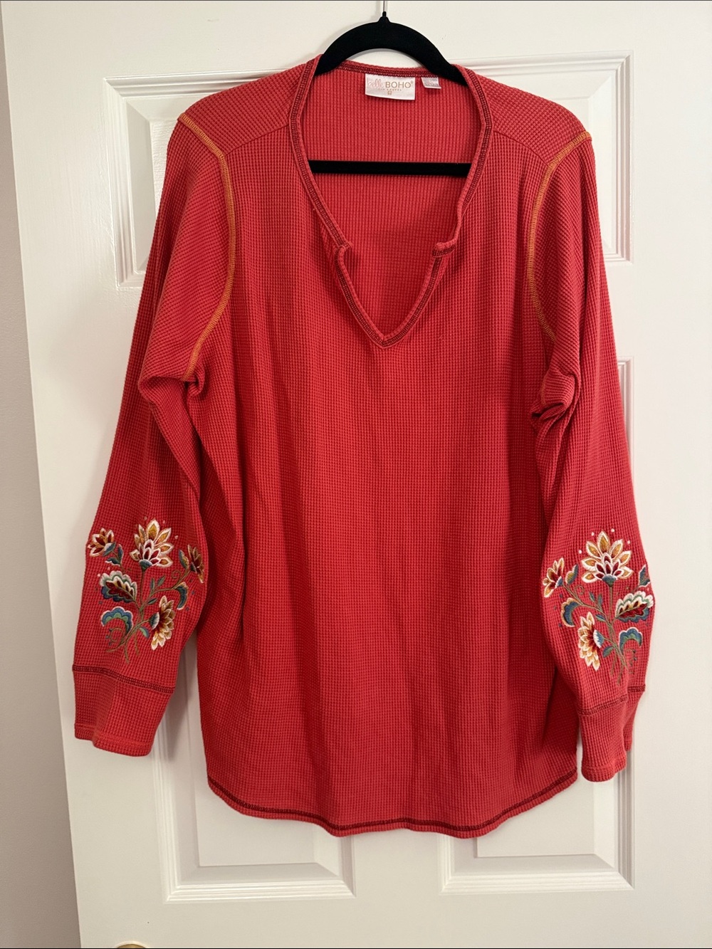 Boheme Coral Red Embroidered Long-Sleeve Thermal Top